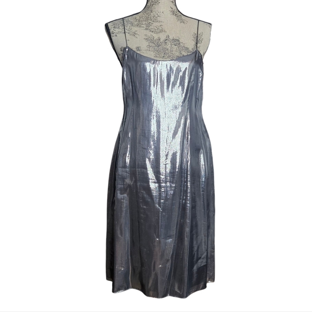 Rickie Freeman for Teri Jon Silver Metallic Slip Dress Silk Blend Size 8